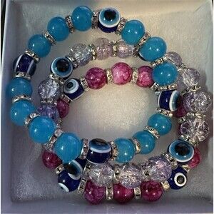 Evil Eye Bracelet Stack Set Blue Pink Clear Stretch Bracelets From Greece New